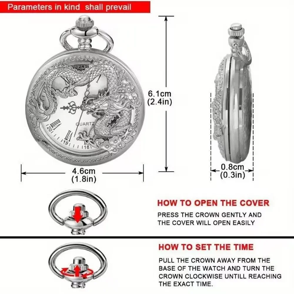Pocket Watch & Chain • Chinese Royal Dragon • Roman Numerals • Black Anodized